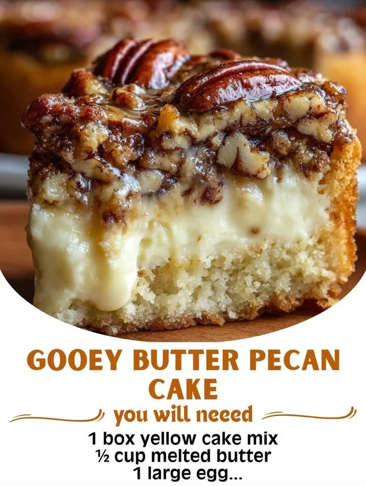 Delicious Butter Pecan Cake topped with nuts and a gooey syrup glaze.