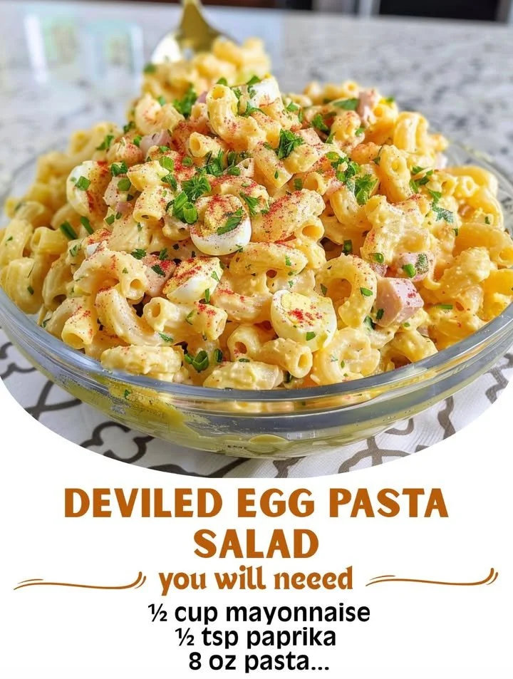 Bowl of deviled egg pasta salad with eggs, pasta, and green onions