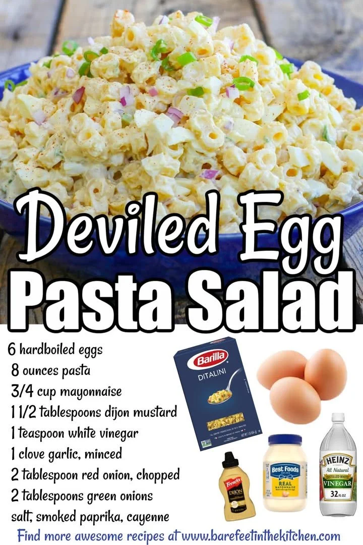 Delicious deviled egg pasta salad served in a bowl