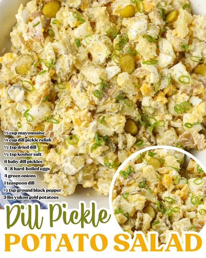 Delicious dill pickle potato salad served in a bowl, garnished with fresh herbs