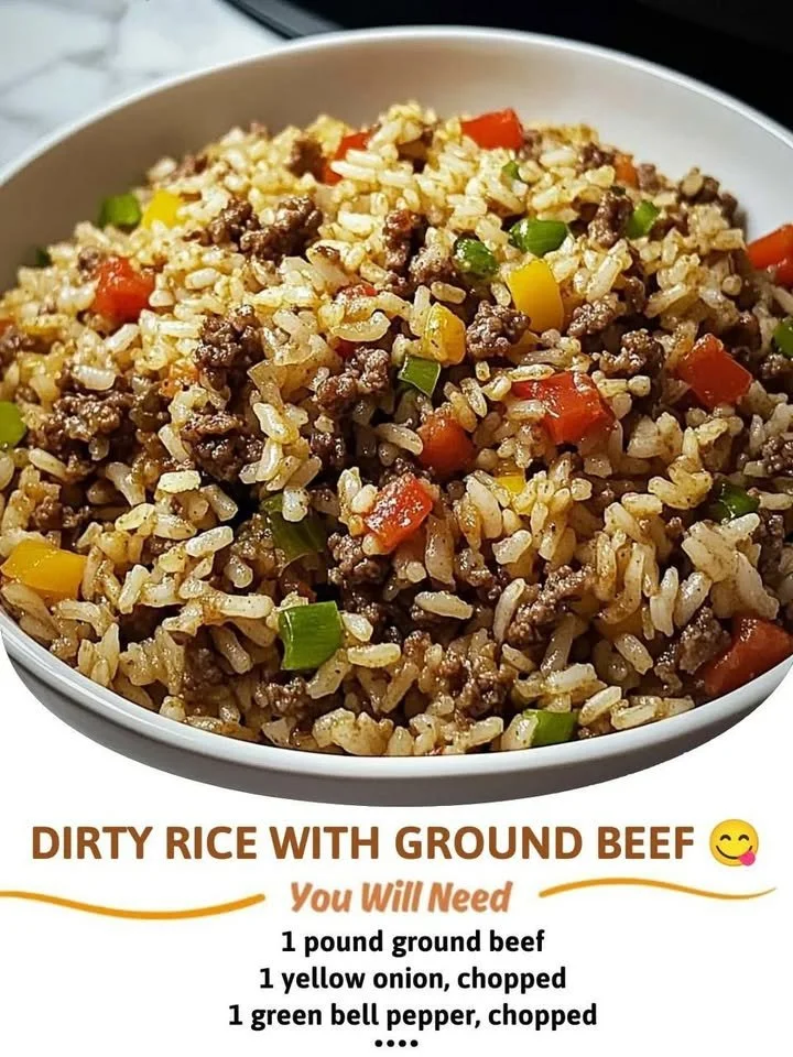 Bowl of Dirty Rice with Ground Beef garnished with green onions