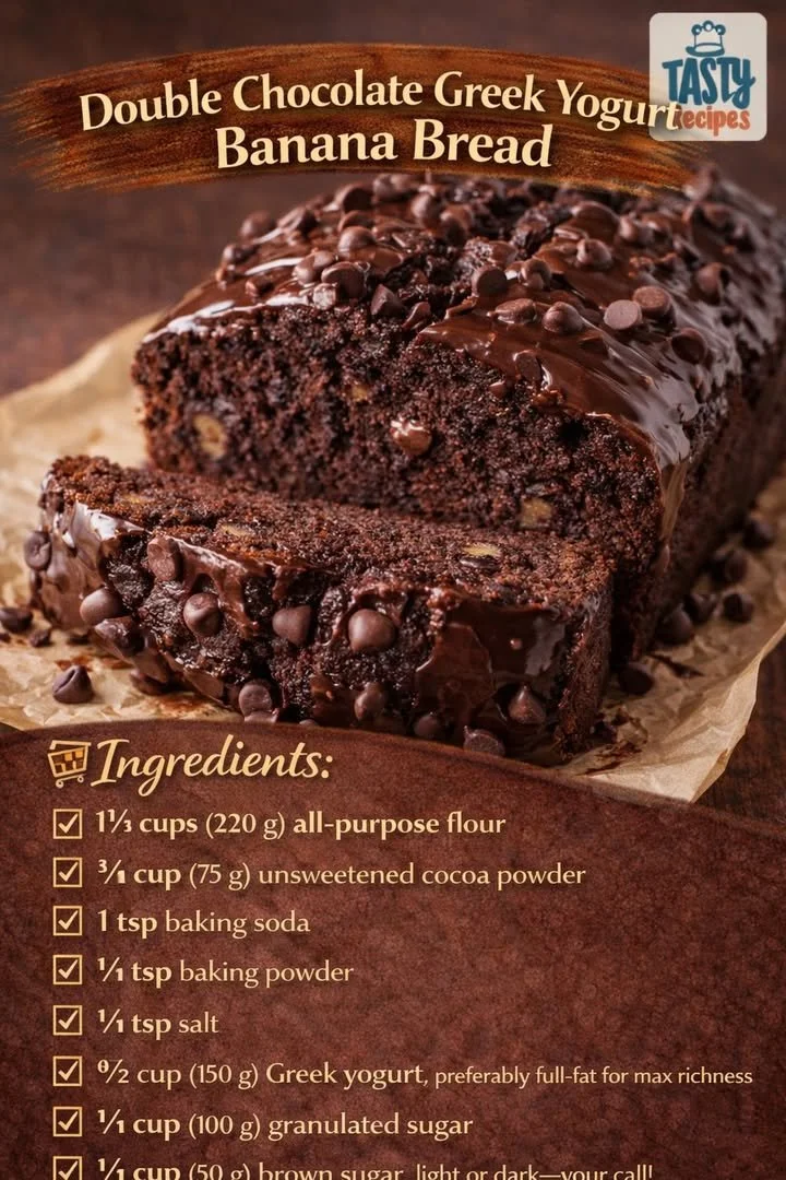 Slice of double chocolate Greek yogurt banana bread with chocolate chips