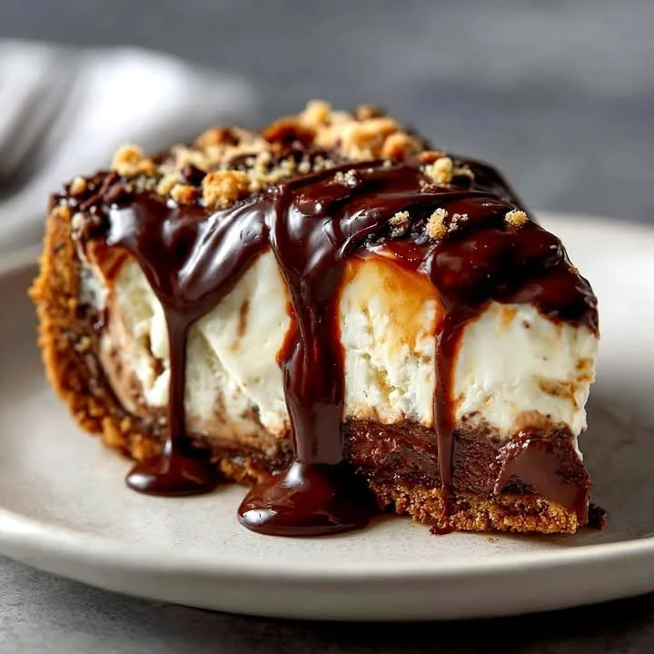 Delicious Double Ice Cream Cake decorated with layers of chocolate and vanilla ice cream