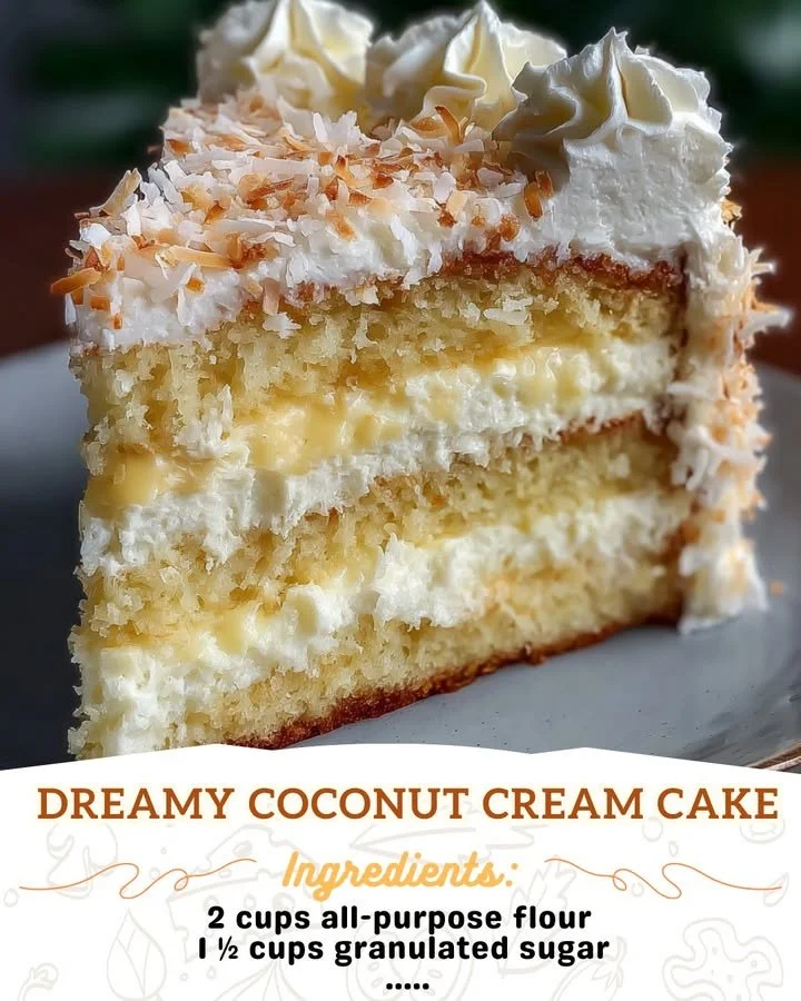Slice of dreamy Coconut Cream Cake with coconut flakes on top