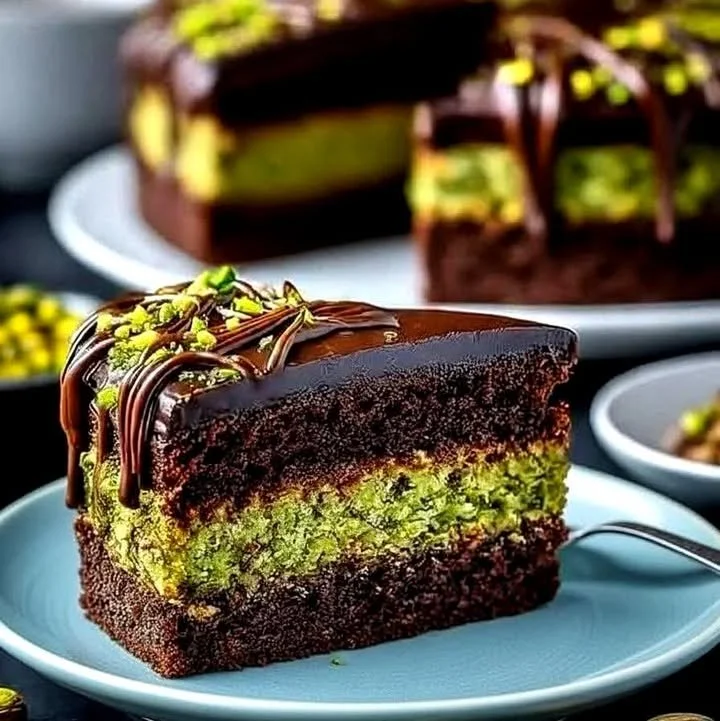 A beautifully decorated Dubai-style chocolate pistachio cake topped with nuts.