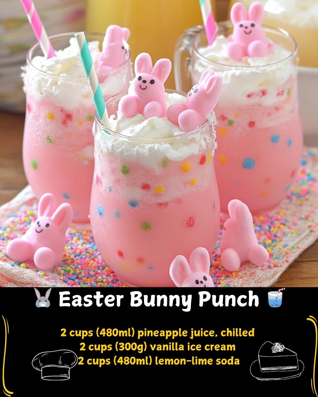 Colorful Easter Bunny Punch in a glass with bunny decorations.