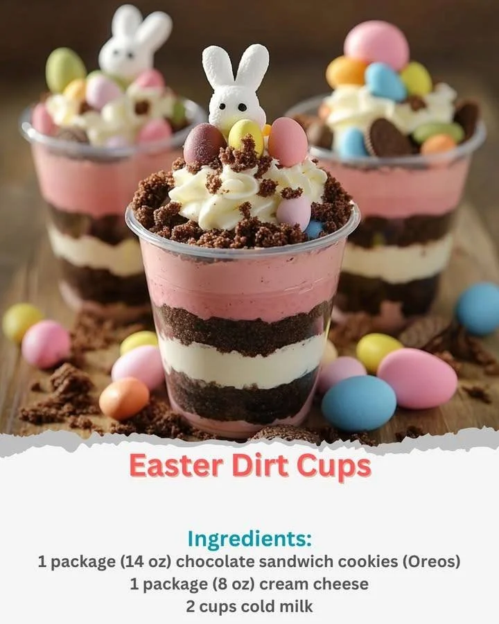 Easter Dirt Cups dessert with chocolate pudding and candy toppings