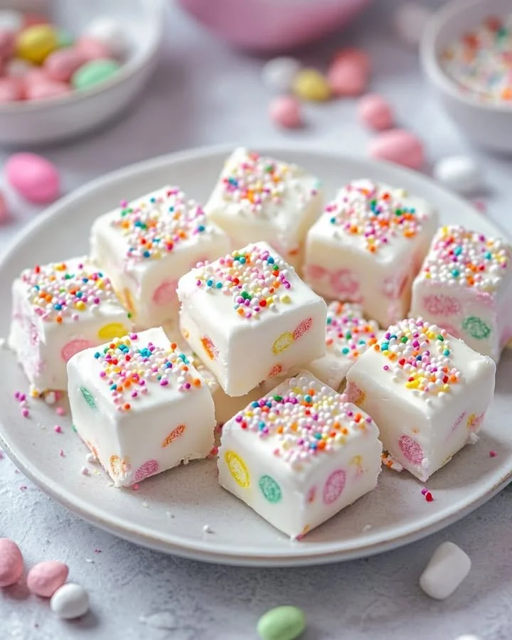Easter Fruity Marshmallow Fudge with vibrant marshmallows and creamy texture