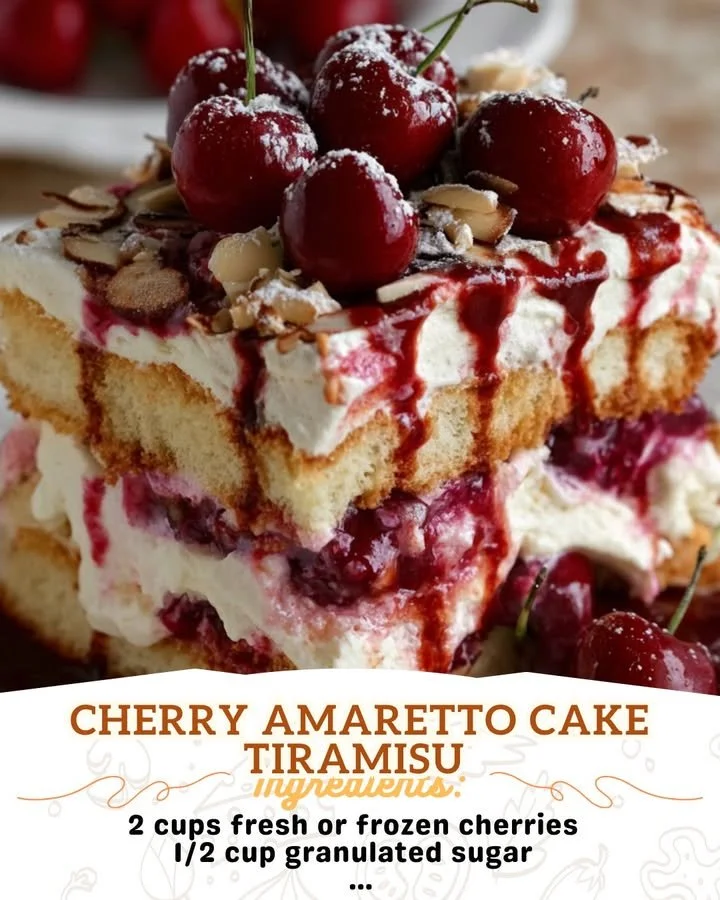 Slice of easy Cherry Amaretto Cake Tiramisu with cherries and cream.