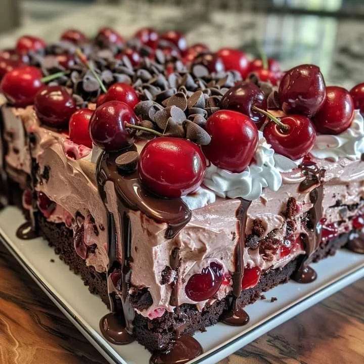 Homemade cherry chocolate chip poke cake topped with cherries and chocolate chips