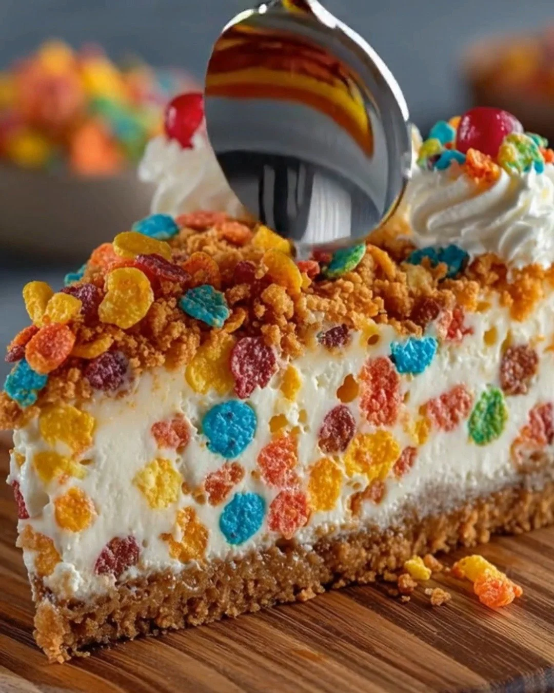 Delicious Fruity Pebbles Cheesecake topped with colorful cereal.