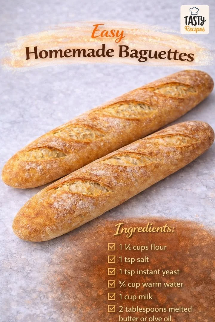 Freshly baked homemade baguettes on a wooden table