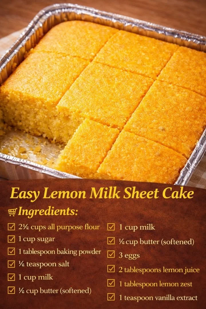 Slice of easy lemon milk sheet cake on a white plate with lemon zest