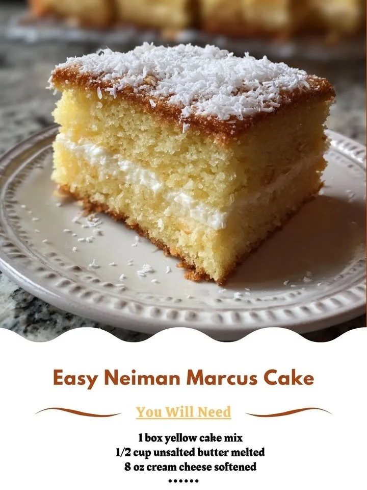 Slice of Easy Neiman Marcus Cake topped with chocolate frosting