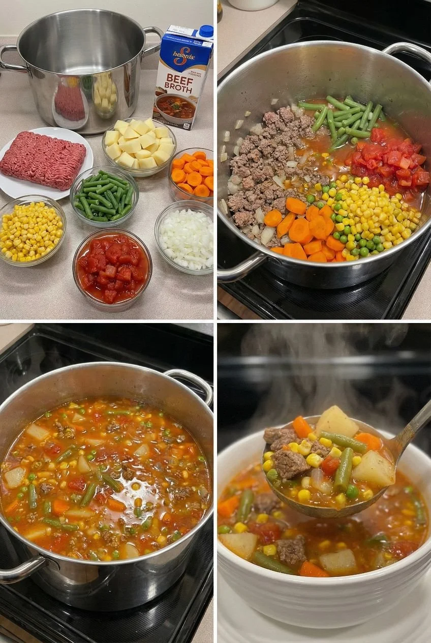 Bowl of easy vegetable beef soup with fresh vegetables and tender beef chunks