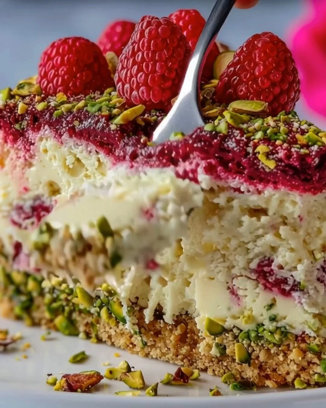Slice of elegant pistachio raspberry crunch cheesecake with garnish
