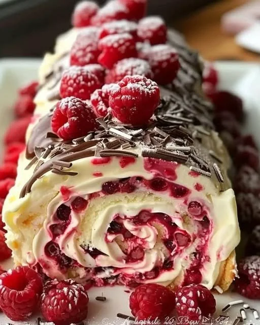 Elegant raspberry white chocolate cake roll with fresh raspberries and creamy frosting