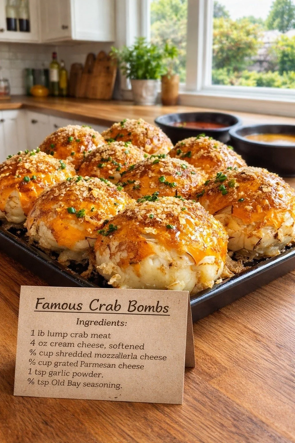 Delicious crab bombs served with dipping sauce on a plate.