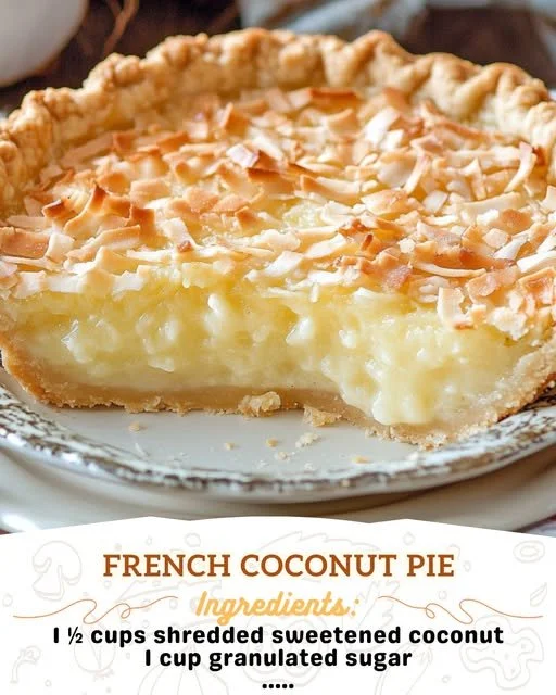 Slice of French Coconut Pie with coconut flakes on top
