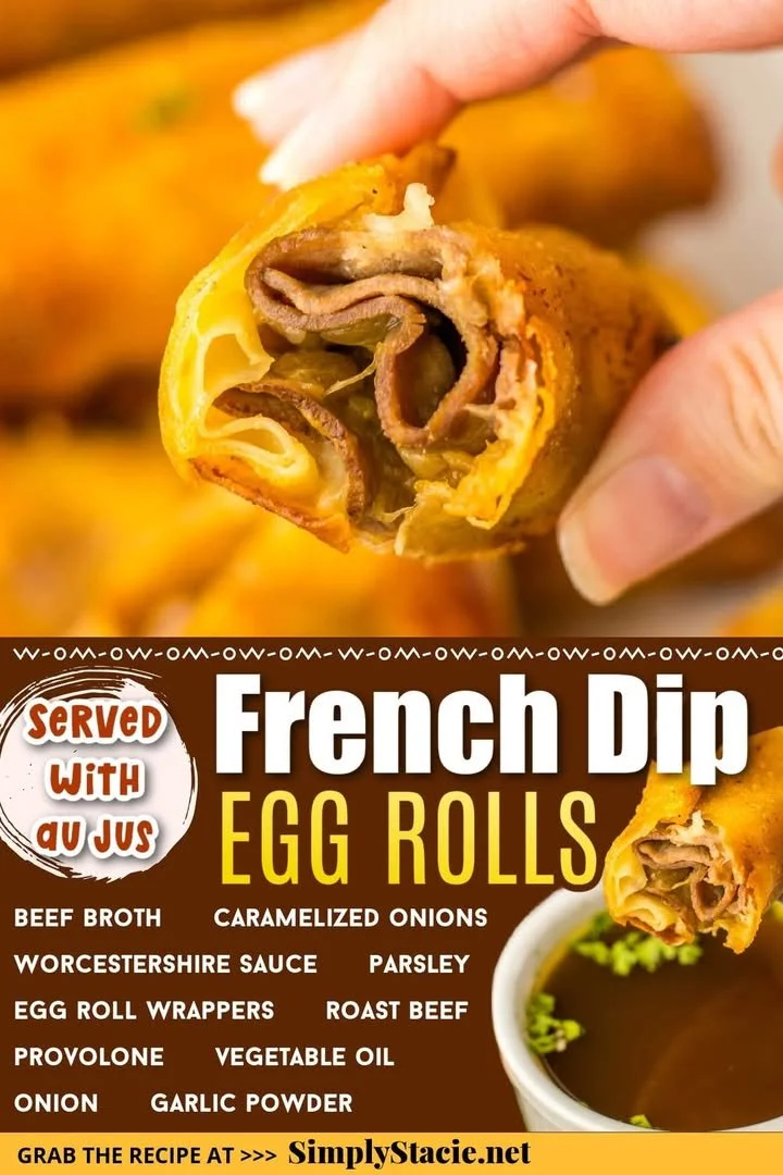Delicious French Dip egg rolls served with dipping sauce
