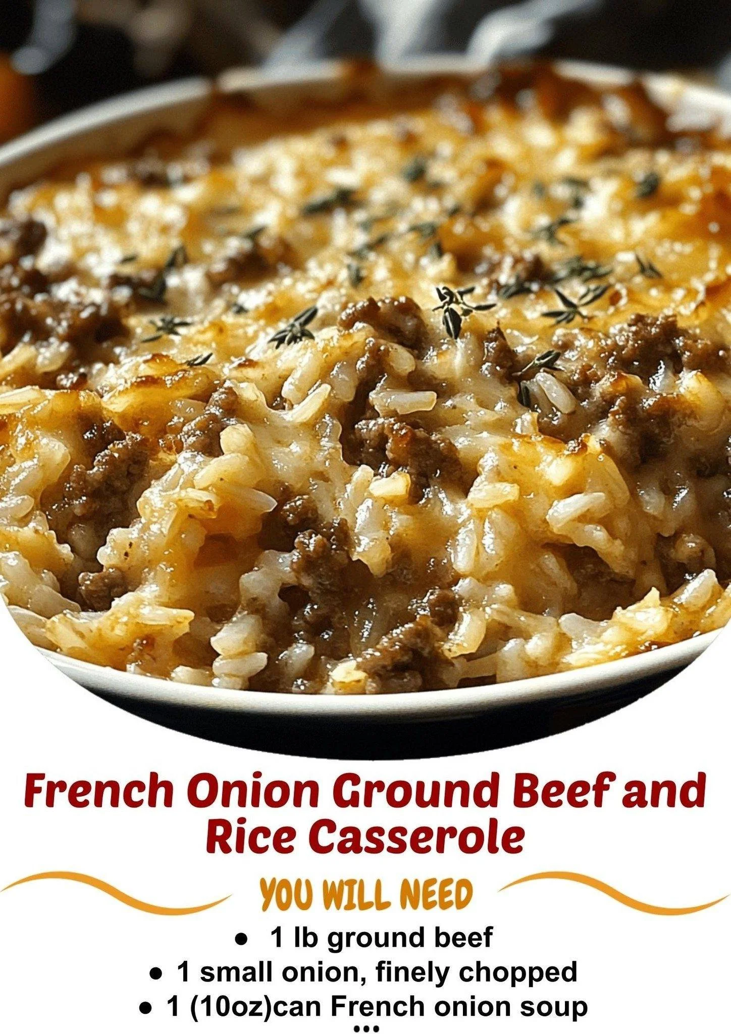 French Onion Ground Beef and Rice Casserole served with melted cheese