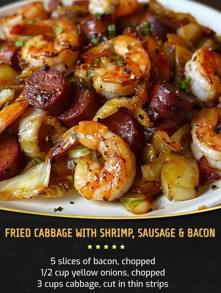Fried cabbage with shrimp, sausage, and bacon served in a skillet