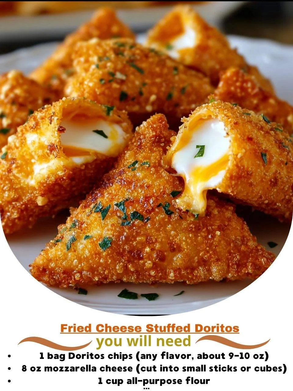 Fried Cheese Stuffed Doritos piled on a plate, displaying crispy texture and melted cheese.