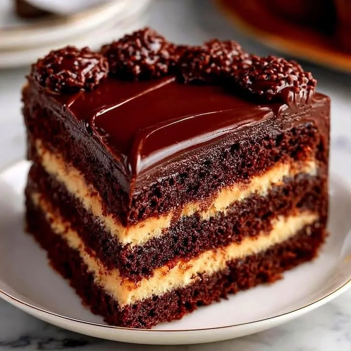 Fudge Layer Chocolate Cake with Ganache, showcasing a rich chocolate dessert.