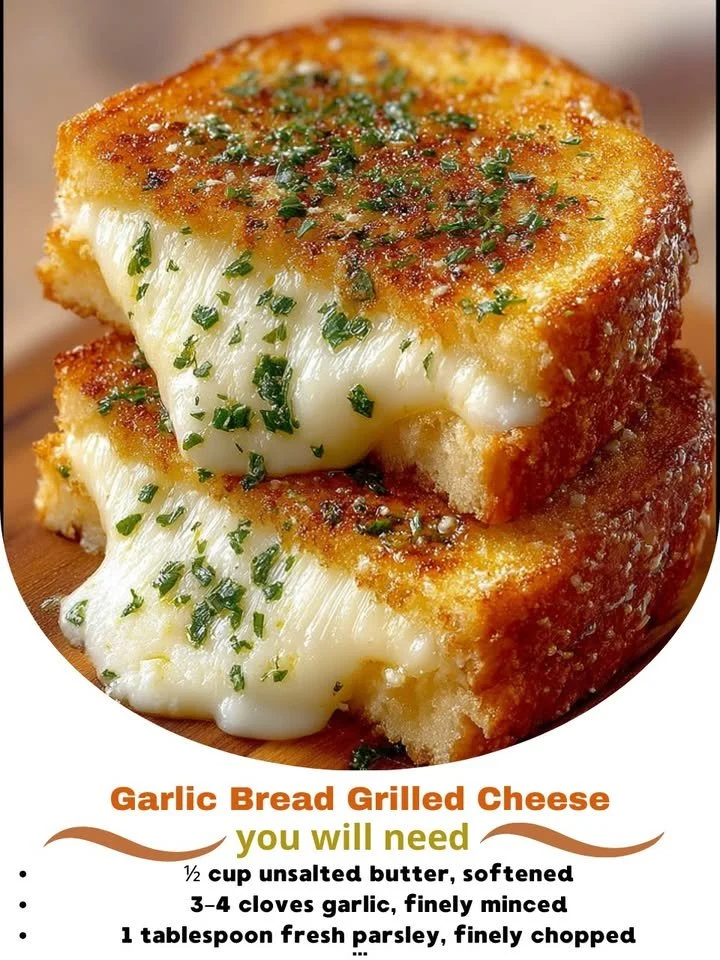 A delicious garlic bread grilled cheese sandwich with melted cheese dripping out