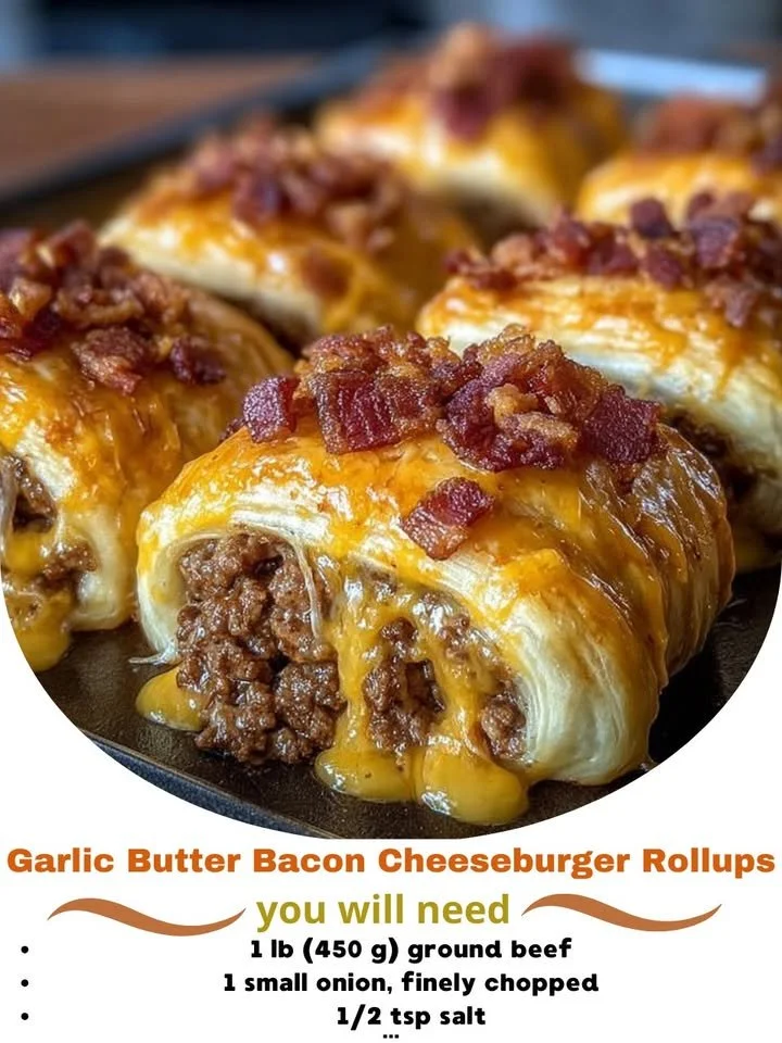 Garlic Butter Bacon Cheeseburger Rollups topped with melted cheese and crispy bacon