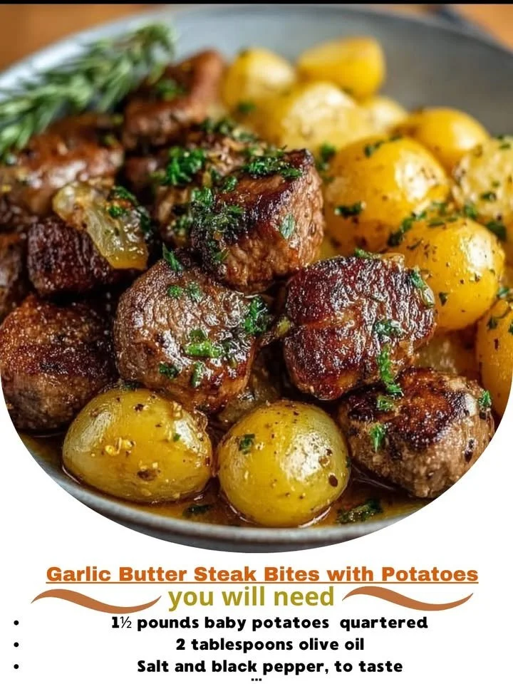 Garlic Butter Steak Bites served with crispy potatoes on a plate