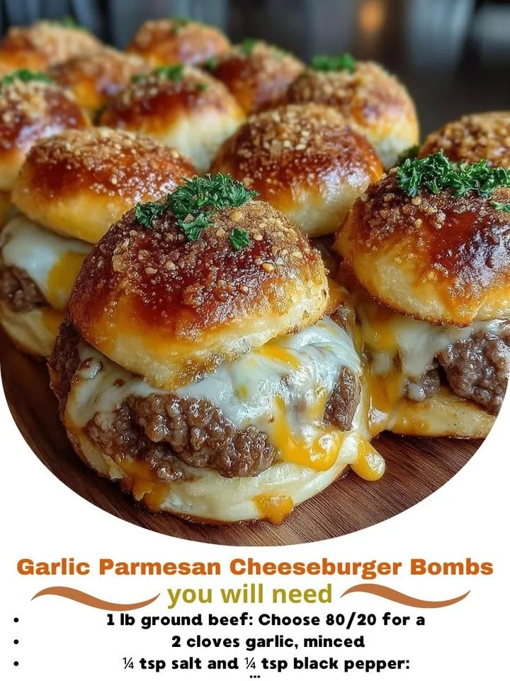 Garlic Parmesan cheeseburger bombs served on a plate.