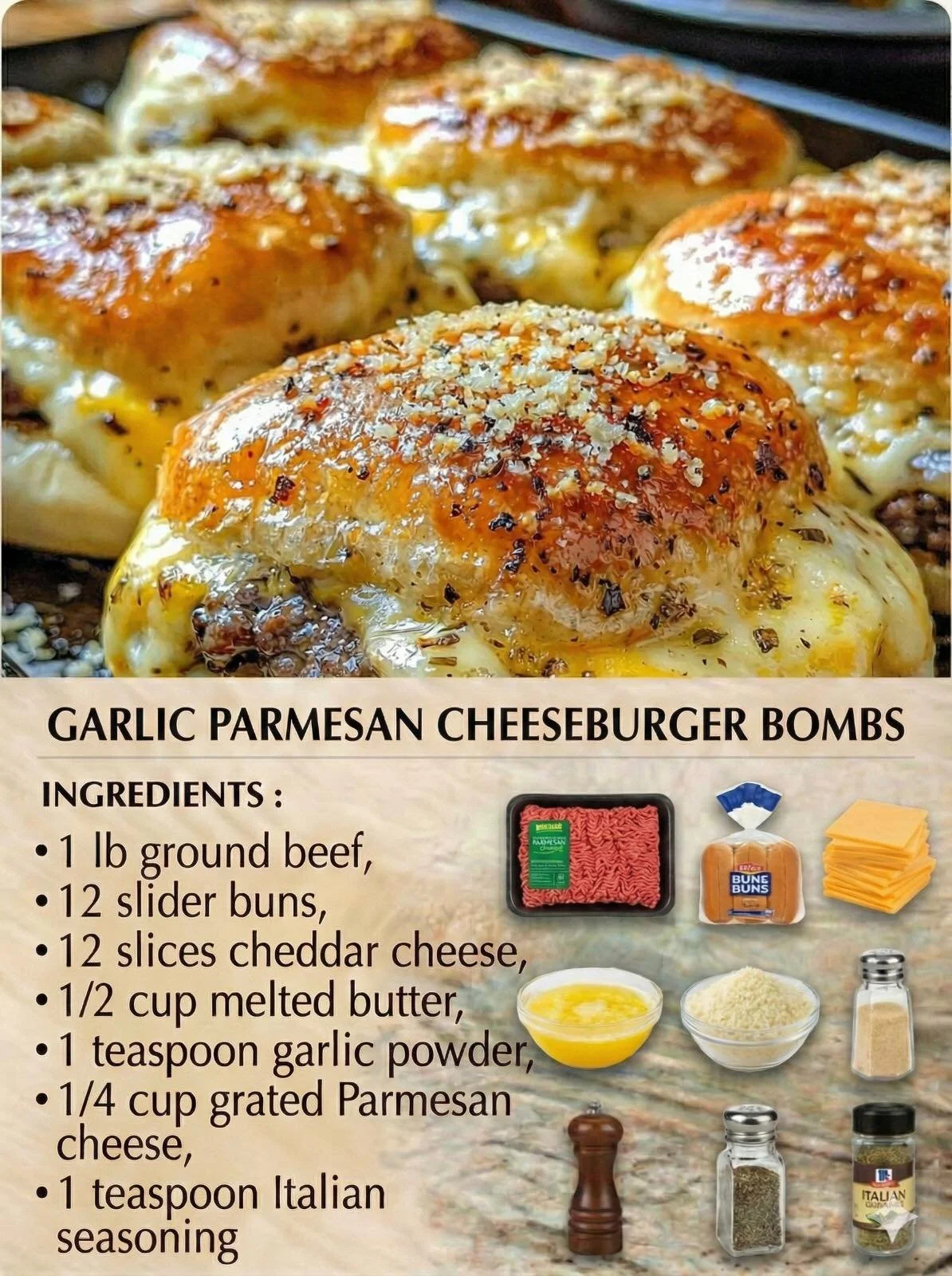 Garlic Parmesan Cheeseburger Bombs filled with juicy beef and cheesy goodness