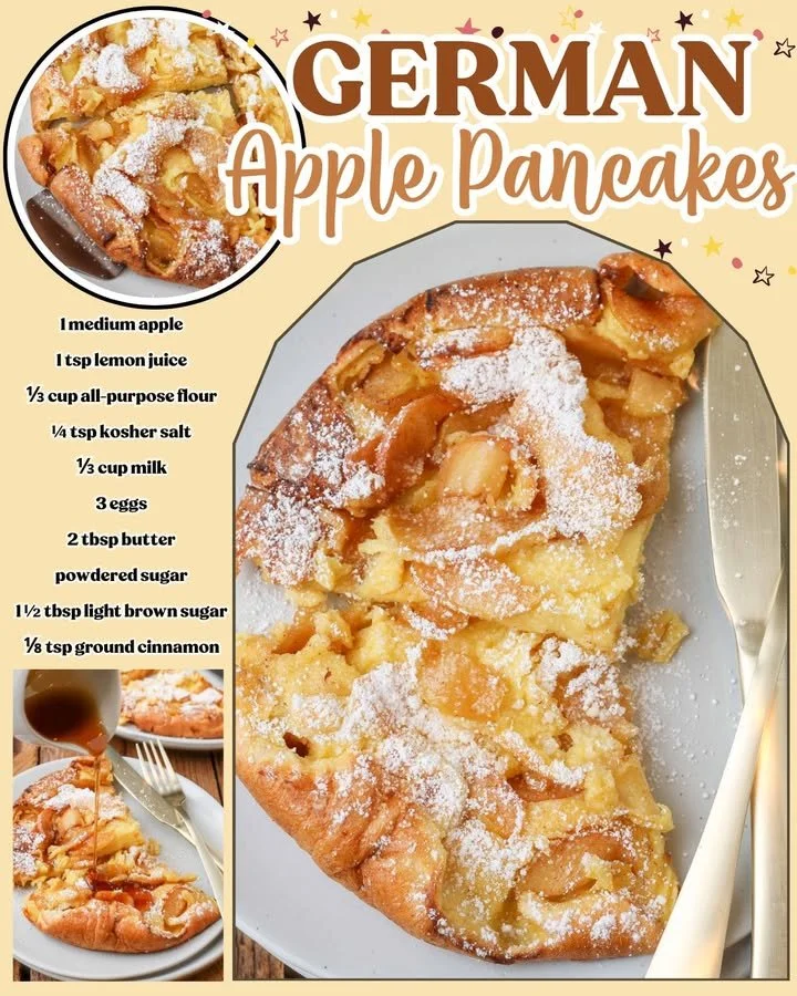 Fluffy German apple pancake topped with powdered sugar and fresh apples.