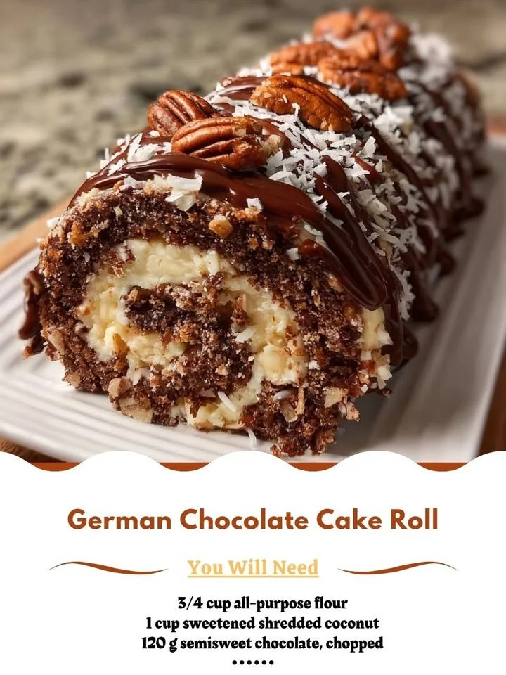 Delicious German chocolate cake roll with creamy filling and chocolate ganache