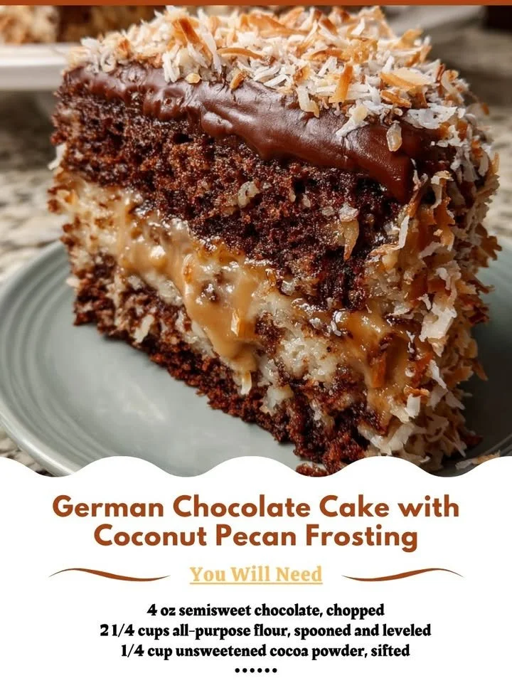 Delicious slice of German Chocolate Cake with coconut pecan frosting