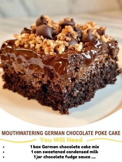 Delicious German Chocolate Poke Cake topped with coconut and pecan frosting