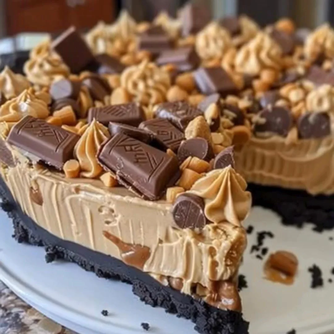 Giant Reese's Peanut Butter Pie topped with chocolate and peanut butter.