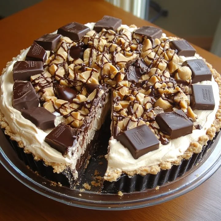 Giant Reese's Peanut Butter Pie topped with chocolate and peanut butter.
