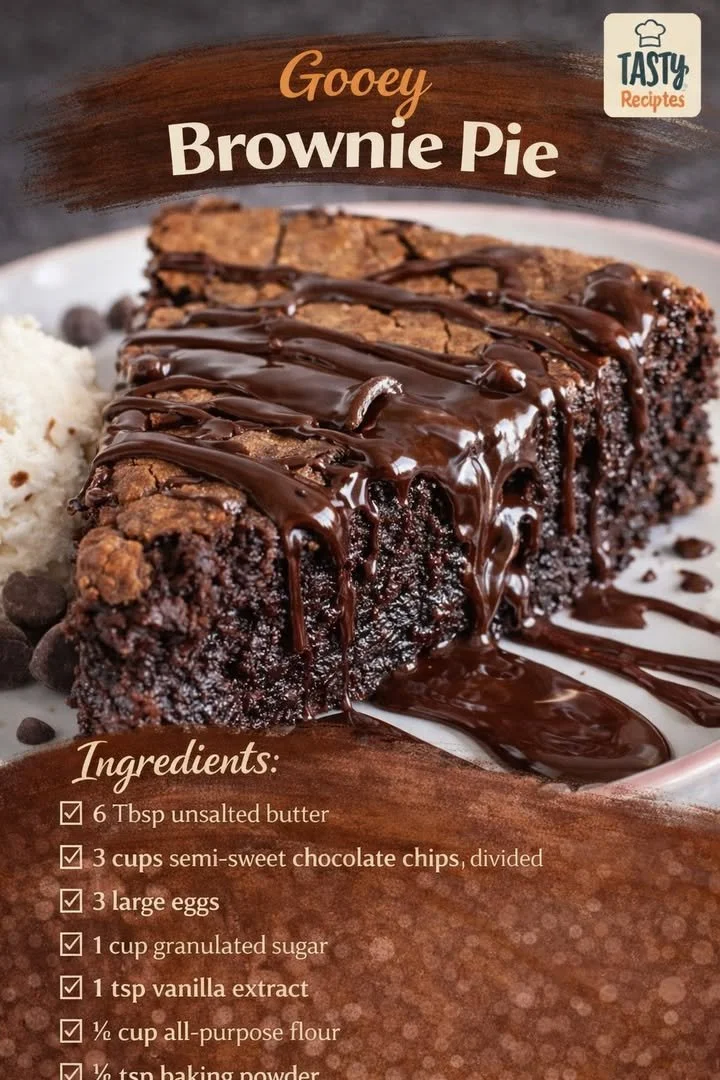Gooey brownie pie topped with chocolate and served on a plate