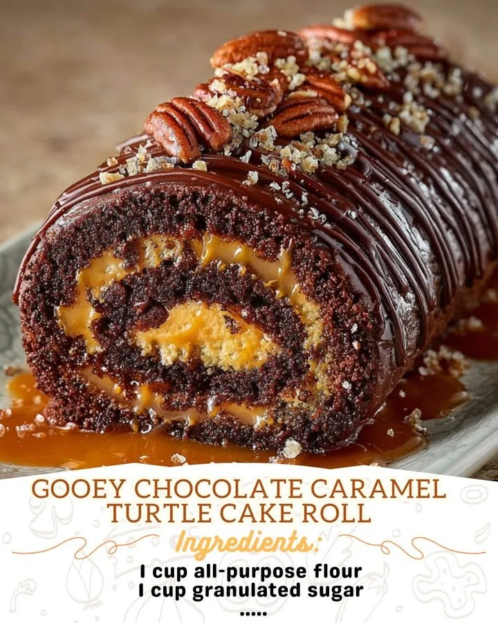 Gooey Chocolate Caramel Turtle Cake Roll topped with chocolate and caramel.
