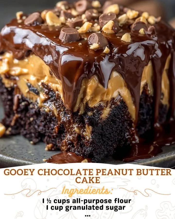 Gooey chocolate peanut butter cake slice on a plate with a fork