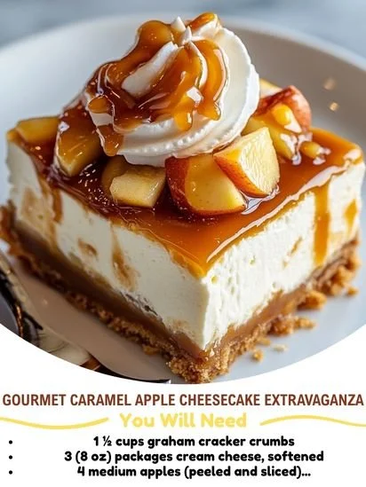 Gourmet caramel apple cheesecake with caramel drizzle and apple slices