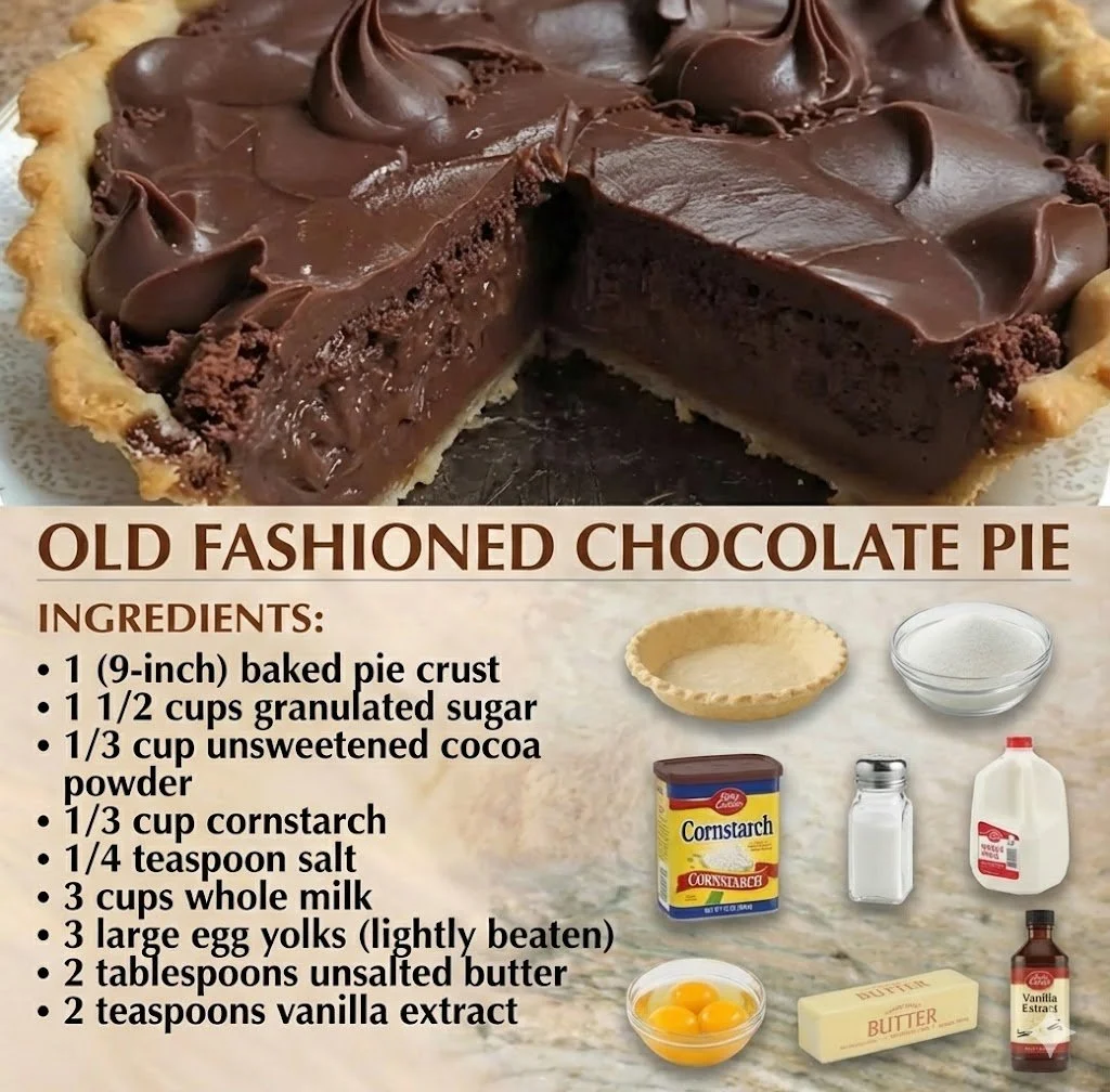 Delicious Grandma's Chocolate Pie topped with whipped cream and chocolate shavings