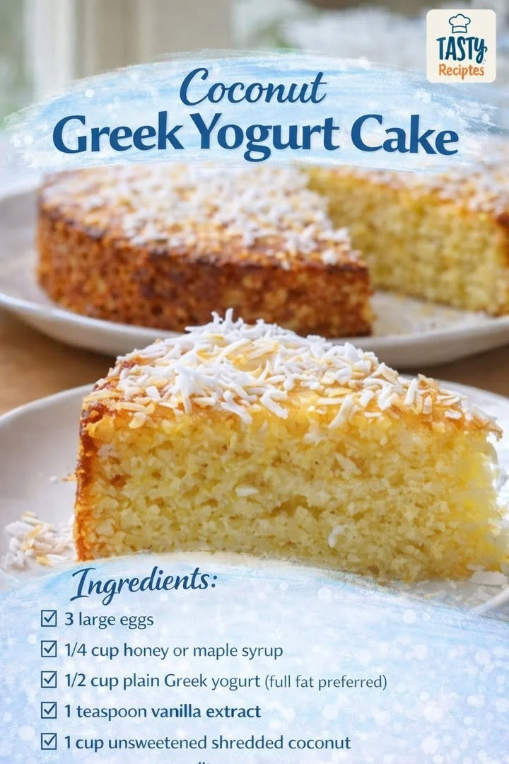 Delicious Greek Yogurt Coconut Cake topped with coconut flakes