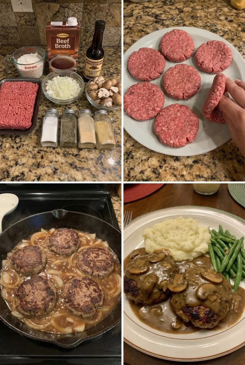 Delicious hamburger steak served with gravy and rice on a plate.