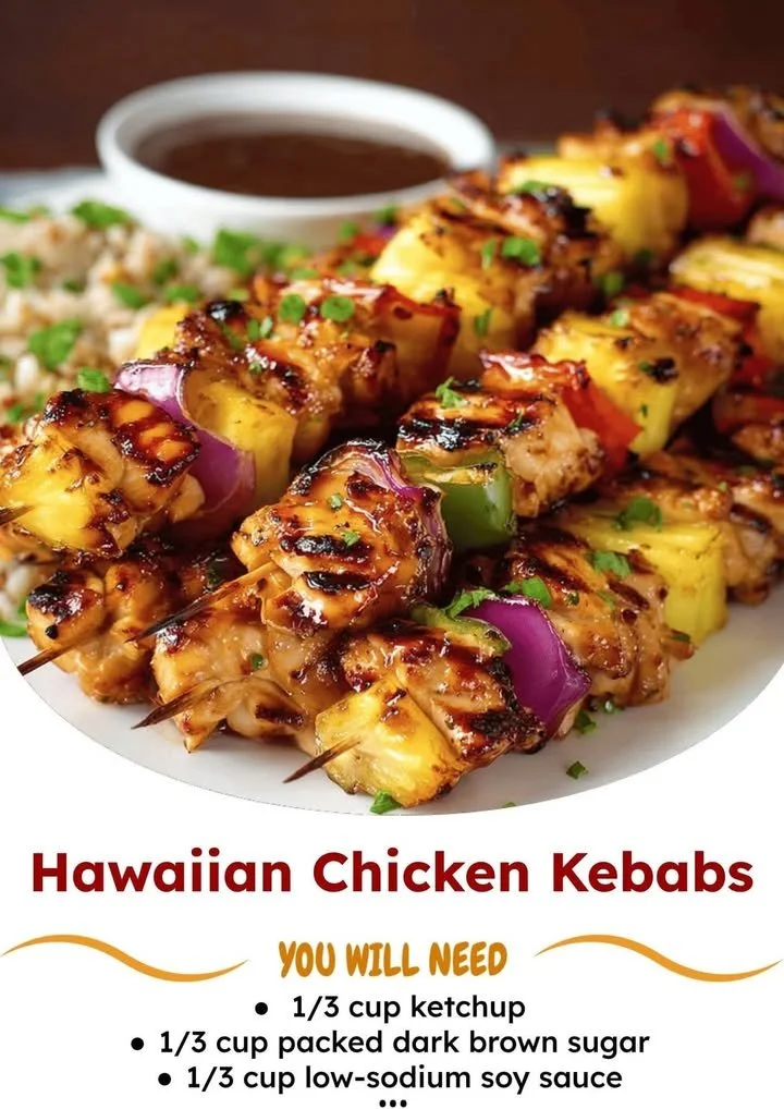 Delicious Hawaiian chicken kebabs skewered with colorful vegetables