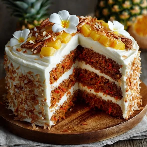 Hawaiian pineapple carrot cream cake topped with frosting and pineapple slices.