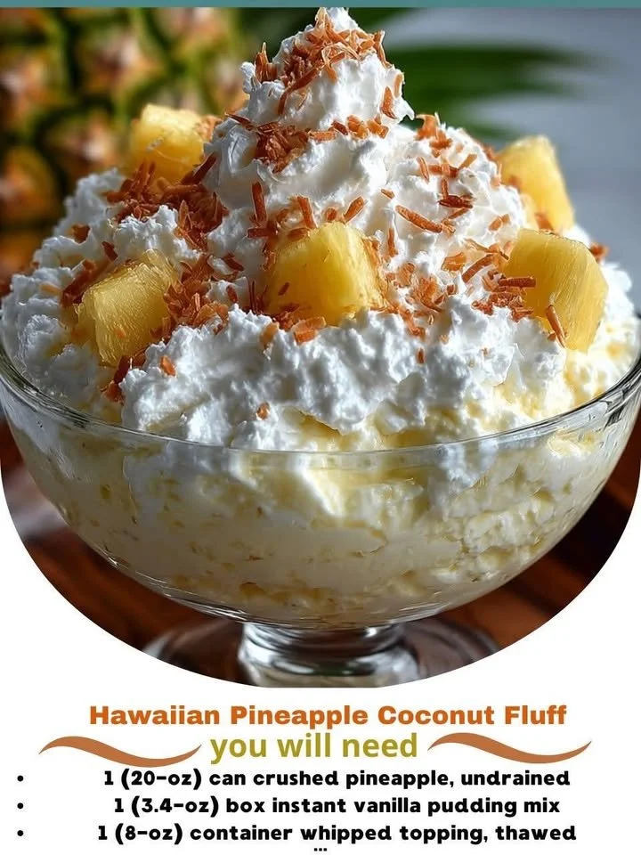 A bowl of Hawaiian Pineapple Coconut Fluff dessert topped with coconut shavings.