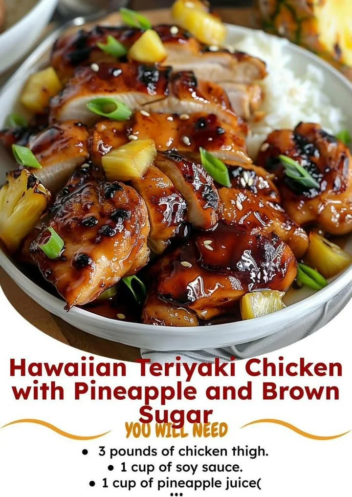 Hawaiian Teriyaki Chicken dish garnished with pineapple and served with brown sugar.